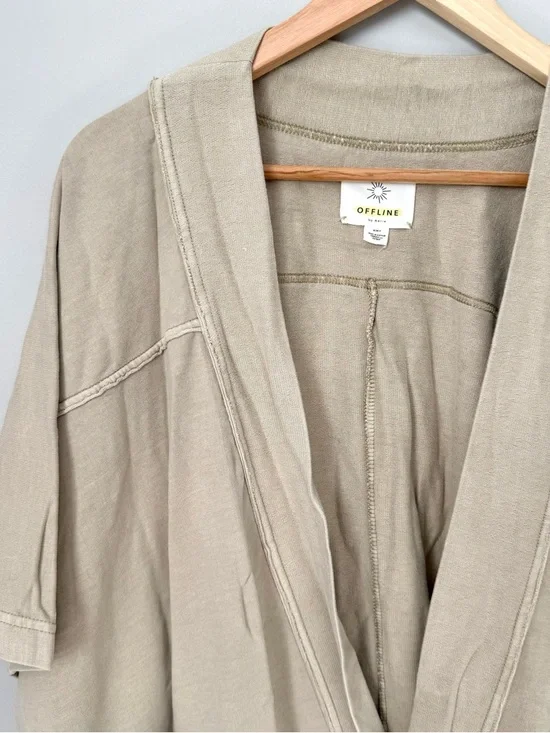 OFFLINE by Aerie Tan Oversized Open Short Sleeve Cardigan Jacket with Pockets - Picture 2 of 3